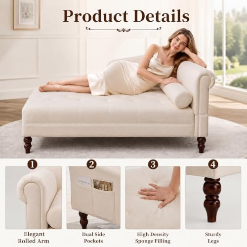 Chaise Lounge Chair with Armrest & Lumbar Pillow, Upholstered Sofa, view 4