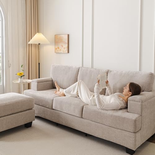85'' L Shaped Couch with Armrest Organizer,3 Seats Sofas with Movable Ottoman,Comfy Sectional Sofa with Thick Cushion,Chenille Sectional Couches for Living Room,Bedroom,Apartment,Home Furniture,Khaki