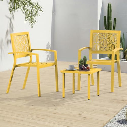 3 Piece Patio Bistro Set, Outdoor Steel Furniture Set, Stackable Modern Conversation Sets for Balcony Garden Deck Patio w/2 Chairs 1 Table, Yellow