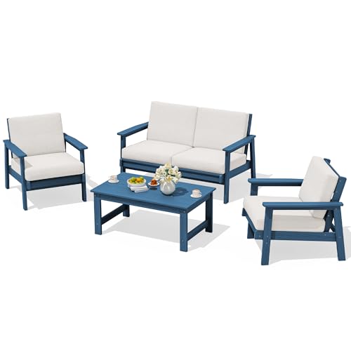 HDPE Outdoor Furniture Set 4, All Weather Patio Sectional Couch | Havy-duty Weatherproof HDPE Frame with Wood-Like Texture, Splash-proof Thick Cushions, Blue Frame and Khaki Cushions