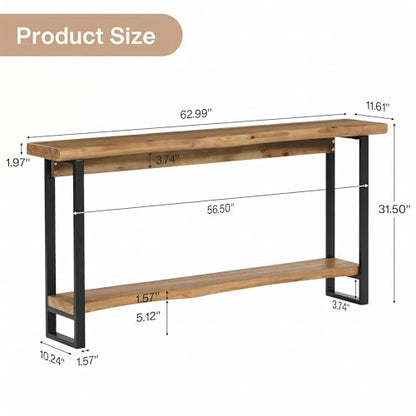Solid Wood Live-Edge Console Table for Entryway, Farmhouse 63-Inch Narrow Long Sofa Table Behind Couch with Unique Shape, Heavy-Duty Metal Legs, Ideal for Foyer, Entrance, Living Room