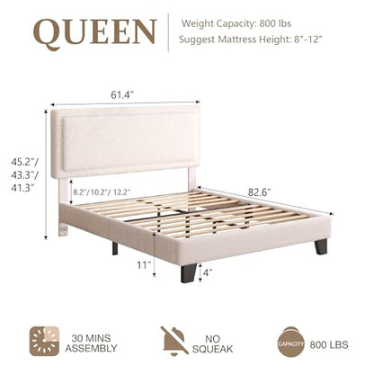 Queen Size Bed Frame, Upholstered Platform Bed Frame with Adjustable Headboard, view 3