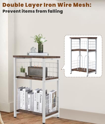 Record Player Stand, 3 Tier End Table with Double Layer Iron Wire Mesh Turntable Vinyl Record Stand Storage Up to 100 Albums, Nightstand Small Side Tables for Living Room Bedroom, White