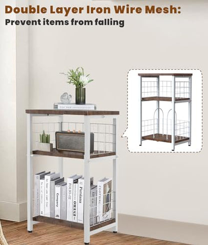 Record Player Stand, 3 Tier End Table with Double Layer Iron Wire Mesh Turntable Vinyl Record Stand Storage Up to 100 Albums, Nightstand Small Side Tables for Living Room Bedroom, White