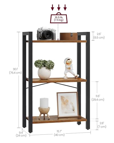 VASAGLE 3-Tier Bookshelf, Bookcase with Steel Frame, Book Shelf for Living Room, Home Office, Study, 9.4 x 15.7 x 30.1 Inches, Industrial Style, Rustic Brown and Ink Black ULLS098K02
