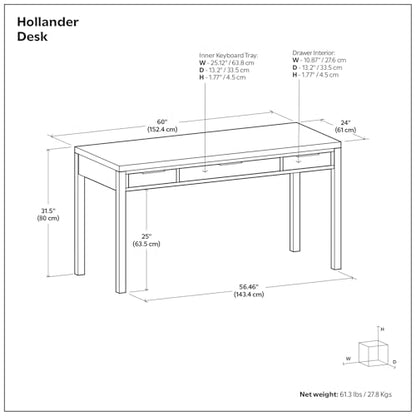 Hollander Desk - 60 Inch Wide Solid Wood Writing Desk in Dark Brown Walnut, Contemporary Home Office Computer Table for Workspace or Study with 2 Drawers and Flip-Down Keyboard Tray