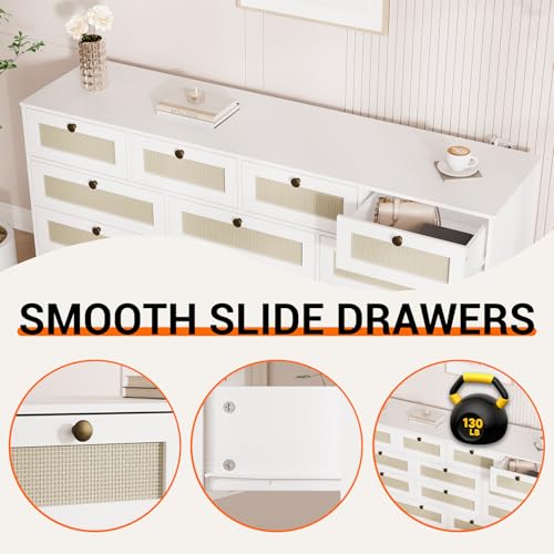 12 Drawer Wooden Dresser for Bedroom, Rattan Chest of Drawers for Closet, Living Room, Hallway, 61 Inch Wood Wide TV Stand Dressers for 65 Inch TV, Modern Dresser for Adult Room