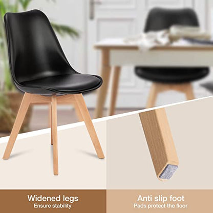 Set of 4 Dining Kitchen Mid-Century Modern Chairs with Wood Legs and PU Leather Cushion, Upholstered Seating for Living Room Bedroom Outdoor Lounge, Black
