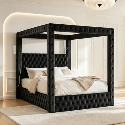 Queen Size Canopy Bed Frame with Velvet Headboard, Charging Port, view 2