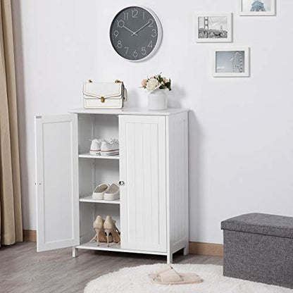 Bathroom Floor Cabinet Double Doors Free-Standing Storage Cabinet with Adjustable Shelves, Anti-toppling Design, White