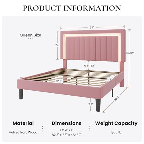 Queen Size Velvet Bed Frame with LED Light, Pink, view 3