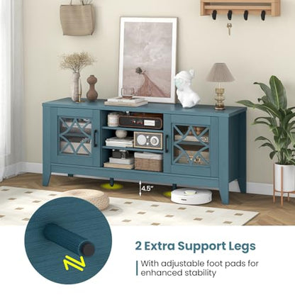 Farmhouse TV Stand for TVs Up to 65-in, Classic Media Entertainment Center w/Glass Door Cabinets & 4 Adjustable Shelves, Modern TV Console Table w/ 3 Cable Holes for Living Room (Teal Blue)