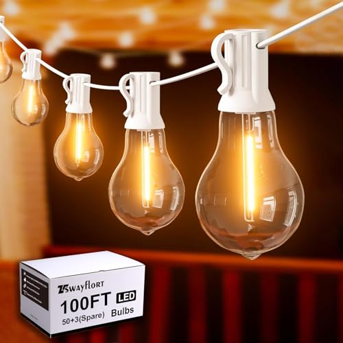 Outdoor String Lights 100 Feet LED Patio Lights 53 Plastic Edison Bulbs (3 Spare), Waterproof Connectable Hanging Light for Backyard Porch Balcony Party Decor, White