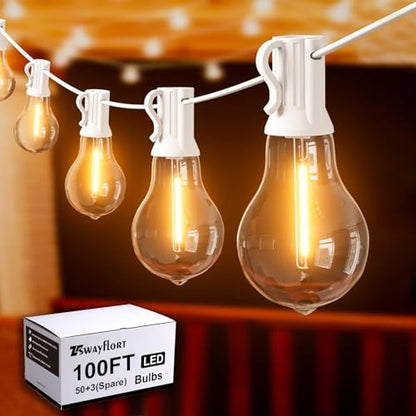 Outdoor String Lights 100 Feet LED Patio Lights 53 Plastic Edison Bulbs (3 Spare), Waterproof Connectable Hanging Light for Backyard Porch Balcony Party Decor, White