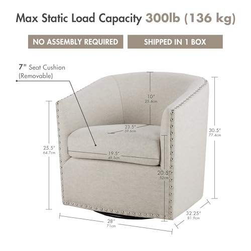 Swivel Barrel Accent Chair, Upholstered Curved Back with 7-Inch Thick Woven Cushion, 360° Swivel, Nailhead Trim, Comfy Chair for Living Room, Bedroom, Office, 28" Wide, Neutral, Tyler