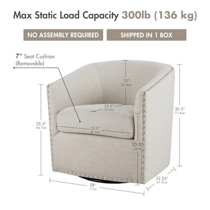 Swivel Barrel Accent Chair, Upholstered Curved Back with 7-Inch Thick Woven Cushion, 360° Swivel, Nailhead Trim, Comfy Chair for Living Room, Bedroom, Office, 28" Wide, Neutral, Tyler