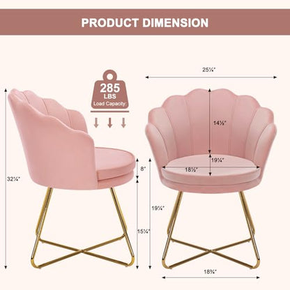 Pink Vanity Chair with Back, Velvet Shell Accent Chairs for Living Room Bedroom, Criss Cross Chair with Gold Legs no Wheels, Seat for Make up