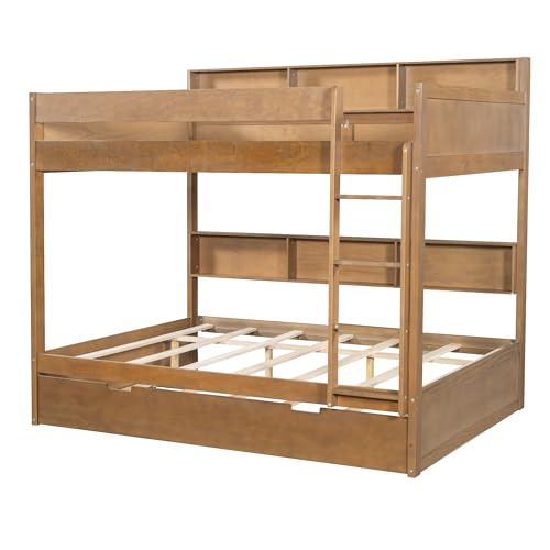 JIVOIT Full Over Full Bunk Bed with Pull-Out Trundle, Space-Saving Wood Bunk Bed Frame with Built-in Storage Shelves, Ladder, Modern Design, No Box Spring Required (Antique Wood/Full,9)