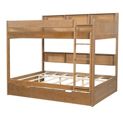 JIVOIT Full Over Full Bunk Bed with Pull-Out Trundle, Space-Saving Wood Bunk Bed Frame with Built-in Storage Shelves, Ladder, Modern Design, No Box Spring Required (Antique Wood/Full,9)