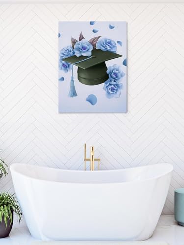 NuYeBiofx Graduation Cap Flowers Roses Canvas Wall Art Prints,40"x28" Framed Picture Artwork Blue Background Printed Canvas Oil Painting for Living Room Bedroom Office,Ready to Hang