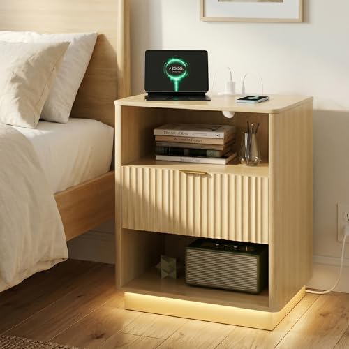 Light oak fluted nightstand with charging station and LED light, view 2