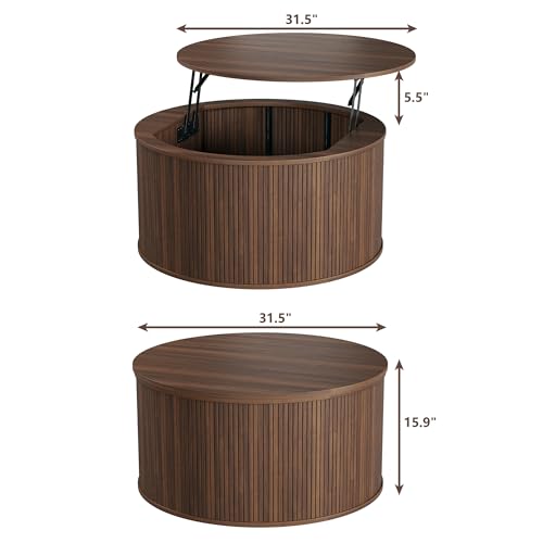 Round Coffee Table with Storage, 31.5" Lift Top Coffee Table, Mid Century Modern Coffee Tables for Living Room, Apartment Office, Fluted Table with Rustic Wood Desktop, Walnut