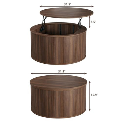 Round Coffee Table with Storage, 31.5" Lift Top Coffee Table, Mid Century Modern Coffee Tables for Living Room, Apartment Office, Fluted Table with Rustic Wood Desktop, Walnut