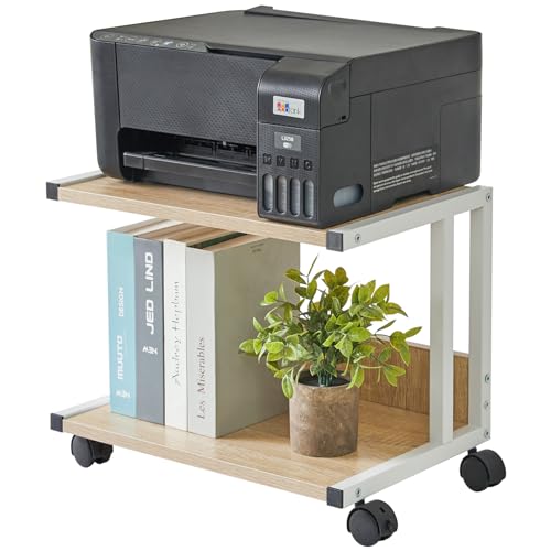 Under Desk Printer Stand, 2-Tier, Mobile Home Desktop Organizer Shelf with 4 Wheels, for Printer, Fax, Home Office Use, Light Wood UTLJ007R