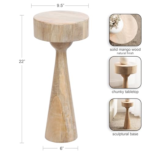 Solbrett Transitional Sophisticated Round Drink Table; 10 x 10 x 22; Natural Wood; Sculptural Bedroom Nightstand with Unique Pedestal Table Design for Use as Indoor Plant Stand
