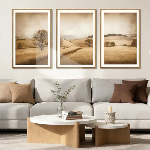 Framed Countryside Wall Art Rustic Village Wall Decor Farmhouse Landscape Art Print Nature Countryside Artwork Rustic Landscape Wall Pictures for Living Room Bedroom Office Farmhouse 16x24 Inches Set of 3 Gift