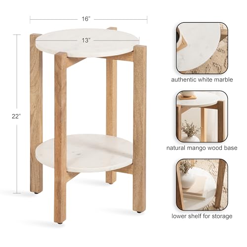 Moxley Transitional Round Side Table; 16 x 16 x 22; White Marble and Natural Wood; Tiered Pedestal Table with Authentic Marble Tabletops for Bedroom Nightstand or Indoor Plant Stand