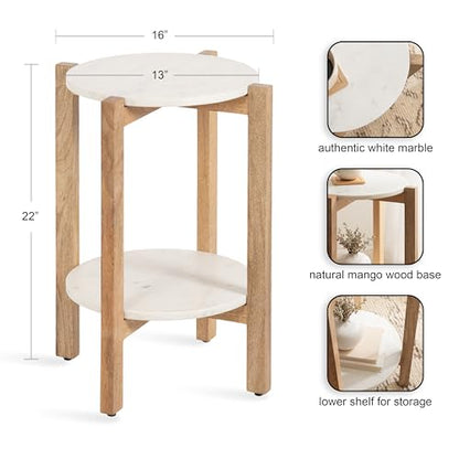 Moxley Transitional Round Side Table; 16 x 16 x 22; White Marble and Natural Wood; Tiered Pedestal Table with Authentic Marble Tabletops for Bedroom Nightstand or Indoor Plant Stand