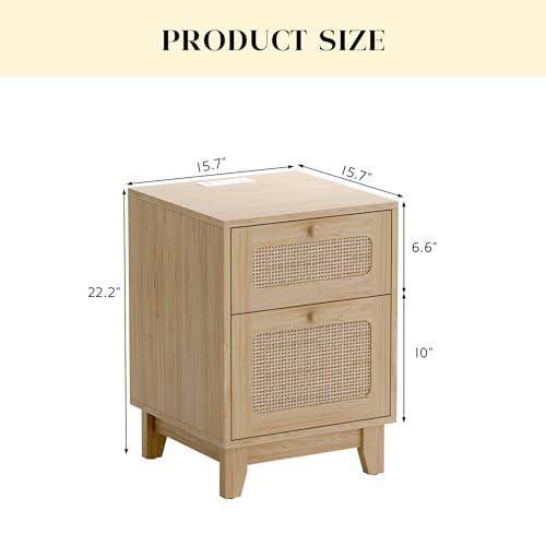 Rattan Nightstands Set of 2 with Charging Station, Wood Night Stands with Drawer and Cabinet, Boho Bedside Tables with USB & Type-C, Side End Tables for Bedroom