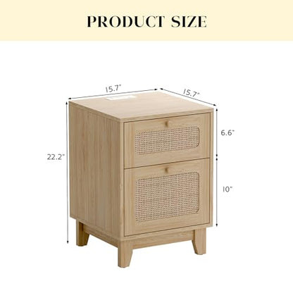 Rattan Nightstands Set of 2 with Charging Station, Wood Night Stands with Drawer and Cabinet, Boho Bedside Tables with USB & Type-C, Side End Tables for Bedroom