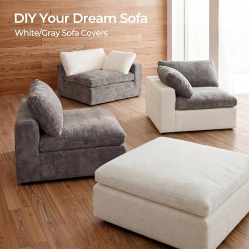 108" Cloud Sectional Couch with 2 Washable Cover Sets | Convertible L Shaped Modular Sofa with Ottoman, 3 Seater Deep Seat Couch for Living Room, White with Extra Gray Covers