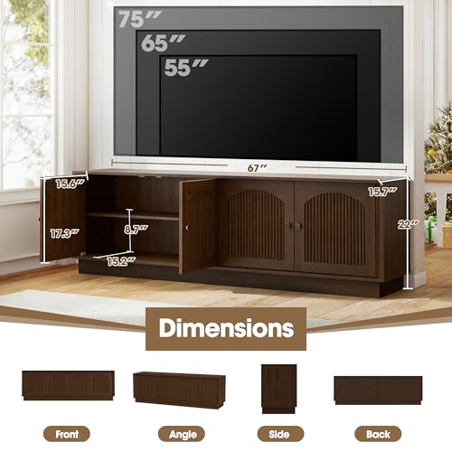 Fluted TV Stand for 75 Inch TVs, Modern Entertainment Center, Walnut, view 4