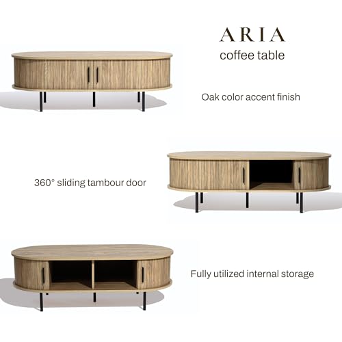 LuxenHome 47" Oval Coffee Table with Storage and Sliding Door | mid century modern style, fluted sliding door, hidden storage space, metal legs