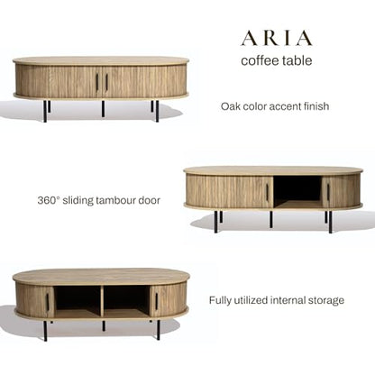 LuxenHome 47" Oval Coffee Table with Storage and Sliding Door | mid century modern style, fluted sliding door, hidden storage space, metal legs