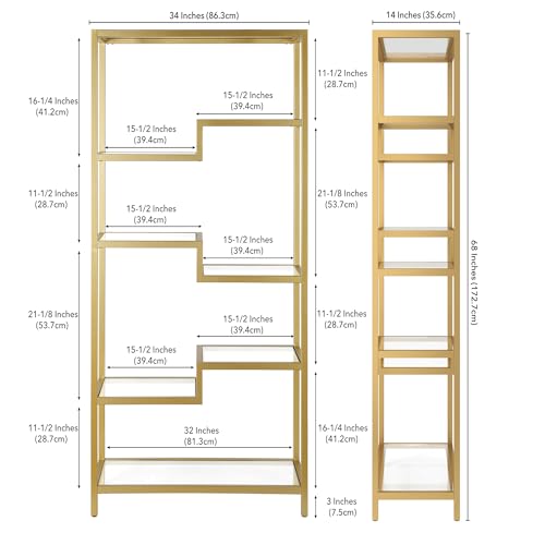 68" Tall Rectangular Bookcase in Brass, for Home Office, Living Room | Open glass shelving displays books, plants, and décor in living rooms, offices, or entryways while keeping spaces bright