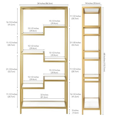68" Tall Rectangular Bookcase in Brass, for Home Office, Living Room | Open glass shelving displays books, plants, and décor in living rooms, offices, or entryways while keeping spaces bright