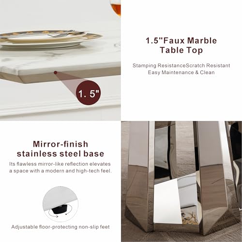 Marble Dining Table for 6 People, 70'' Rectangle Faux Marble Dining Table with Mirrored Stainless Steel Base, Large Size Marble Kitchen Table (Silver,White)(only Table)