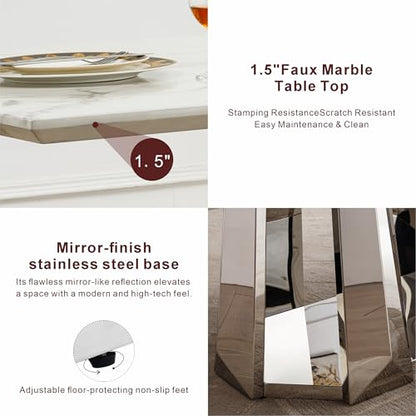 Marble Dining Table for 6 People, 70'' Rectangle Faux Marble Dining Table with Mirrored Stainless Steel Base, Large Size Marble Kitchen Table (Silver,White)(only Table)