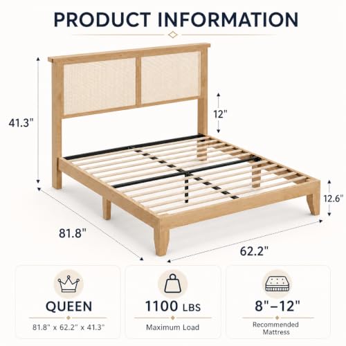 Queen Size Wood Bed Frame with LED Light and Rattan Headboard, view 3