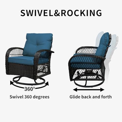 SHGJ&SOFT 3 Piece Patio Furniture Set, 2 Outdoor Swivel Rocking Chairs with Side Table, Wicker Glider Chairs, All-Weather Rattan Bistro Set for Porch, Deck, Pool (Blue, Brown Open-Weave Rattan)