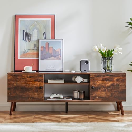 TV Stand for 55 60 inch TV, Modern Mid Century Entertainment Center with Storage, Media Console Table 2 Cabinet, Soft Hinge, Handle Door, Wooden Living Room, Office Furniture, Rustic Brown