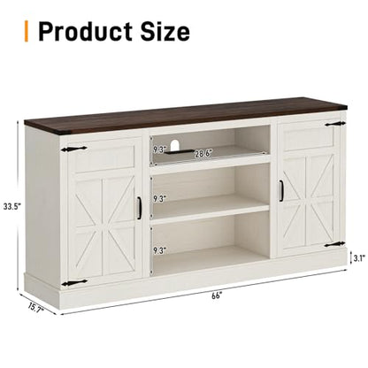 66" Farmhouse TV Stand with Power Outlets for 75 Inch TVs, 33" Tall Entertainment Center with Storage Cabinets w/Adjustable Shelves, Rustic Large TV Media Console, Rustic White
