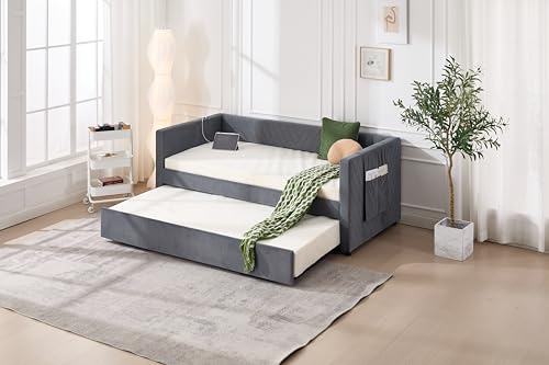 Twin Size Upholstered Daybed with Trundle,USB Port,Side Pockets, V Grained backrest Design,No Box Spring Needed, for Bedroom, Guest Room (Grey, Twin)