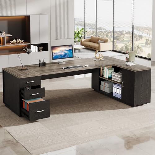 Tribesigns 85.8-Inch L-Shaped Executive Desk, Extra Large Modern Office Desk with File Drawers, Door Cabinet & Shelves, Commercial Office Table, Home Business Workstation, Grey & Black