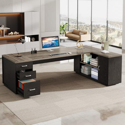 Tribesigns 85.8-Inch L-Shaped Executive Desk, Extra Large Modern Office Desk with File Drawers, Door Cabinet & Shelves, Commercial Office Table, Home Business Workstation, Grey & Black