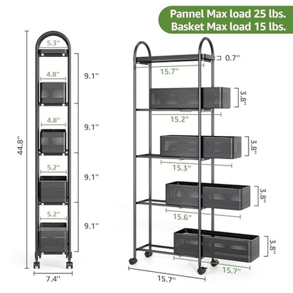 5 Tier Slim Rolling Cart with Drawer, Metal Utility Storage Cart, view 3